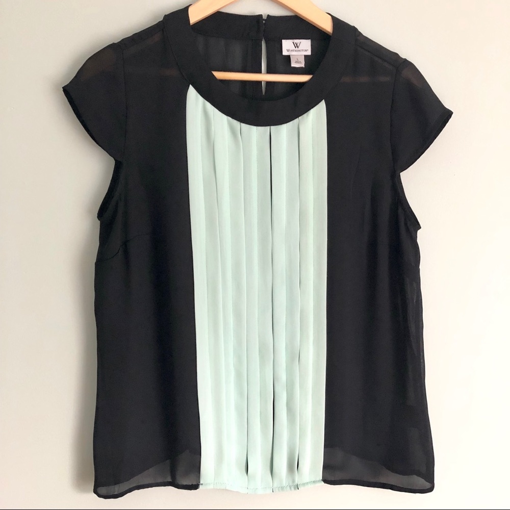 Worthington | Black and Mint Short Sleeve Blouse